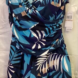 Jantzen Blue and White Leaf Print Swim Dress